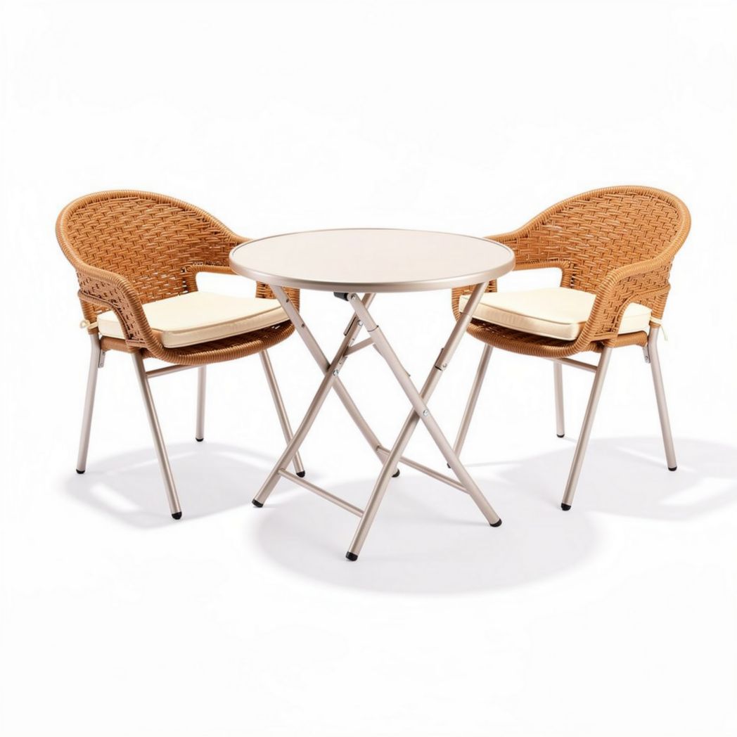 Bistroset met ronde tafel en twee stoelenset van kunststof in bruin en crème 80 x 80 x 75cm