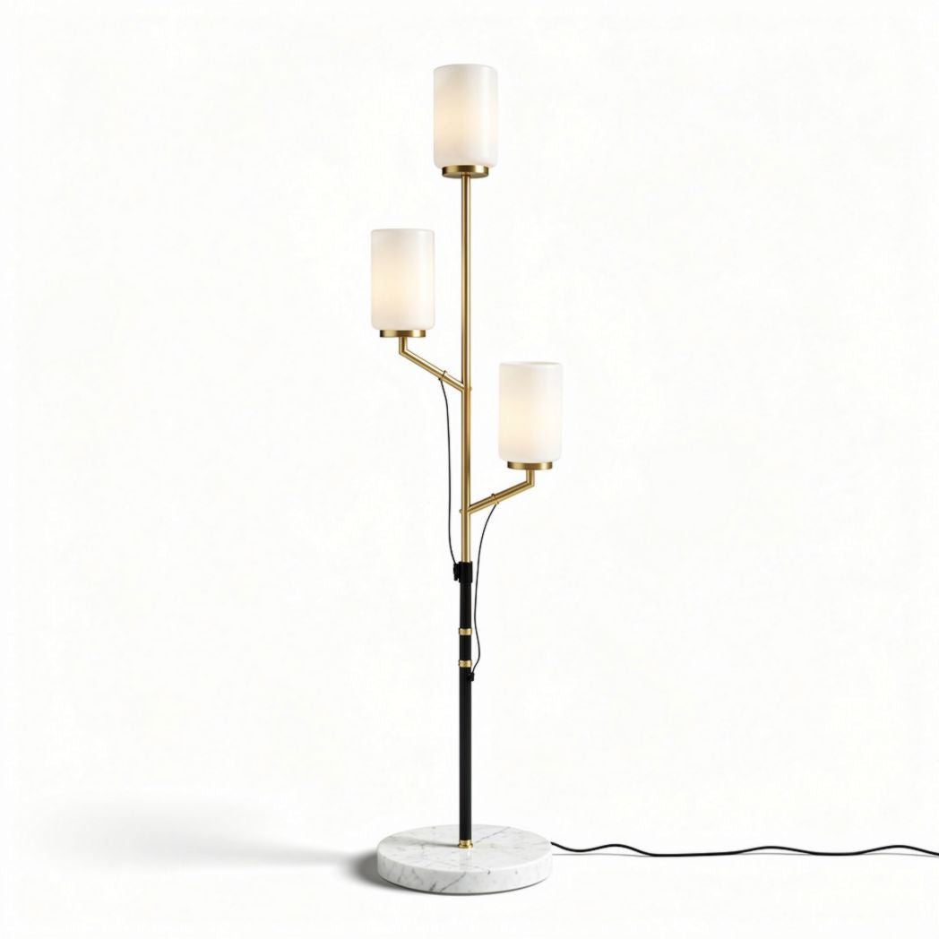 Drie-armige vloerlamp met marmeren voet en opaal glazen lampenkappen 25 x 25 x 150cm