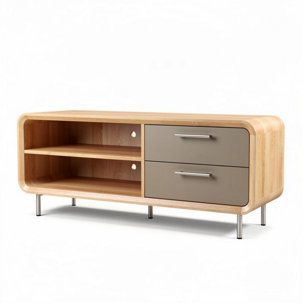 Lage houten tv-meubel met twee lades en open opbergcompartimenten 120 x 40 x 50cm